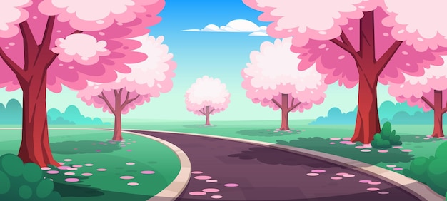 Free vector sakura blossom park road spring illustration cherry tree flower cartoon vector nature landscape background with sky and meadow oriental japanese village environment with lying petals scene banner