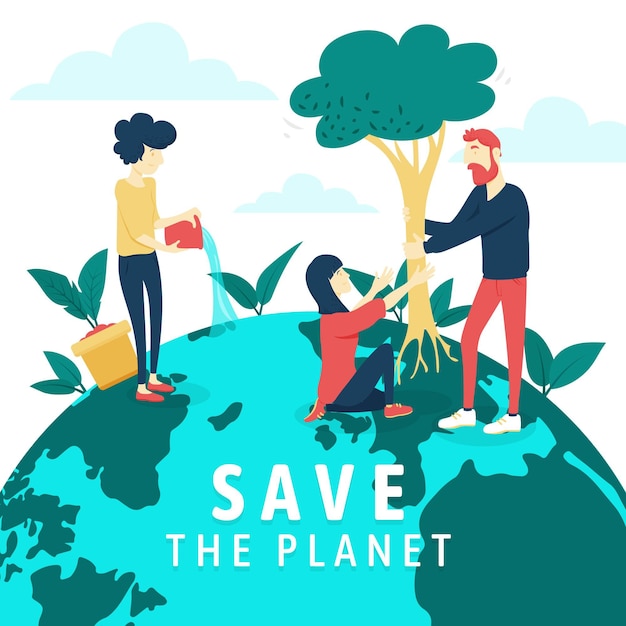 Free vector save the planet concept with people and tree