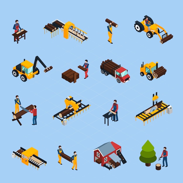 Free Vector sawmill isometric icons set