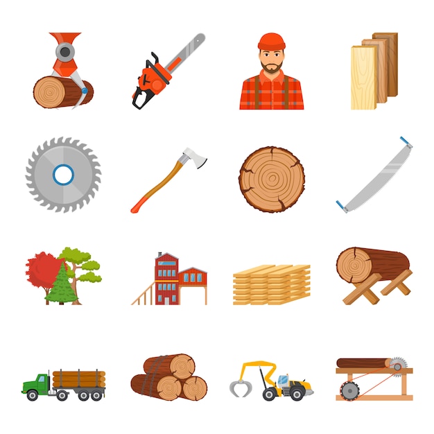 Sawmill Timber Icon Set