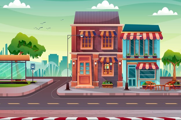 Free Vector scene of beautiful cityscape with hight building, shop and street with park