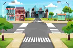 Free vector scene of beautiful cityscape with hight building, shop and street with park