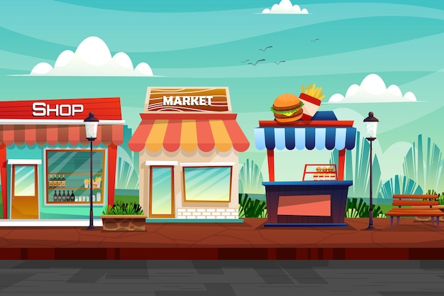 Free Vector scene of beverage shop, market, and hamburgers and french fries shop on street at nature park in city