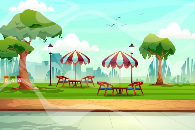 Free vector scene of chair with coffee table and umbrella near green lawn in nature park