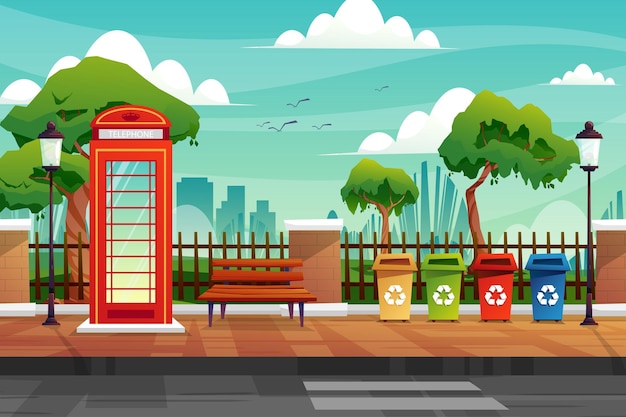 Free vector scene of phone booth and trash on side street near fence of nature park in town
