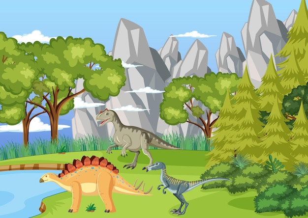 Scene with dinosaurs in the forest