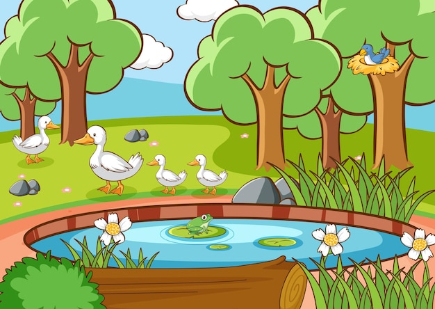 Free Vector scene with ducks and bird by the pond