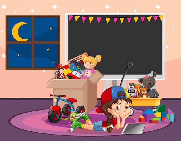 Scene with girl relaxing in the room full of toys