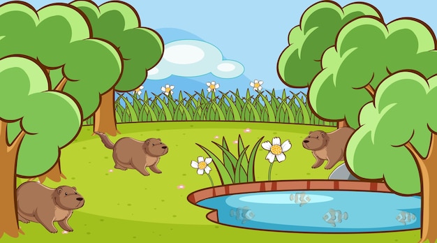 Free Vector scene with groundhogs in the garden