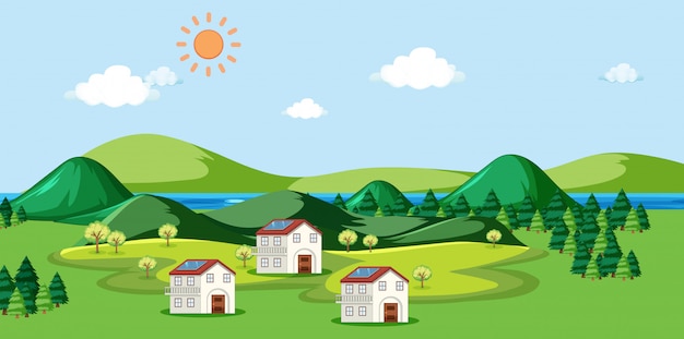 Free vector scene with houses and solar cell on the roof