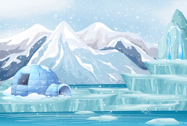 Free Vector scene with igloo in the snow mountain