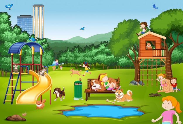 Scene with kids and animals in the park