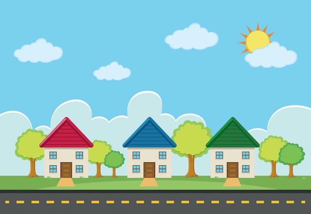 Free Vector scene with three houses along the road