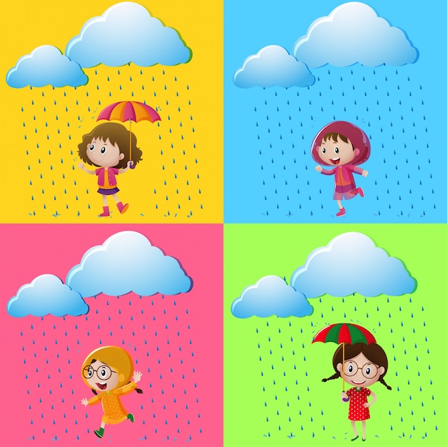 Free vector scenes with girls in the rain