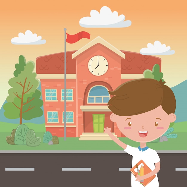 Free Vector school building and boy cartoon 