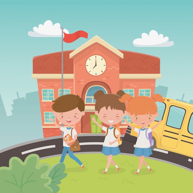 Free vector school building and bus with kids in the scene