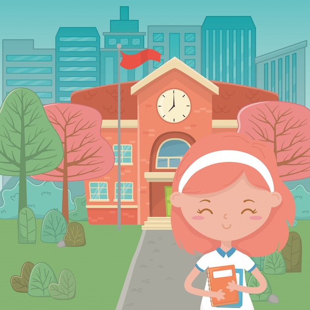 Free vector school building and girl cartoon