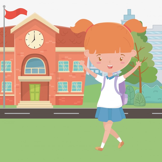 Free Vector school building and girl cartoon 