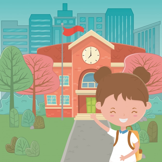 Free vector school building and girl cartoon