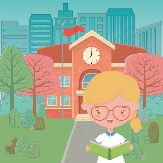 Free Vector school building and girl cartoon 