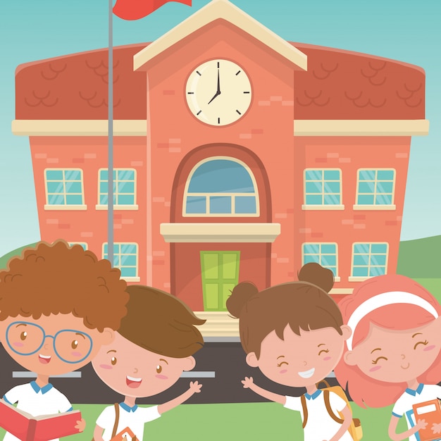 Free vector school building and kids