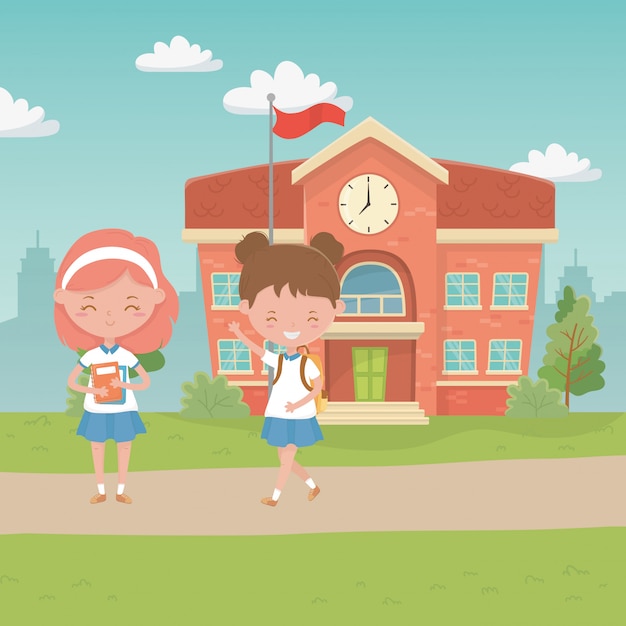 Free vector school building and kids