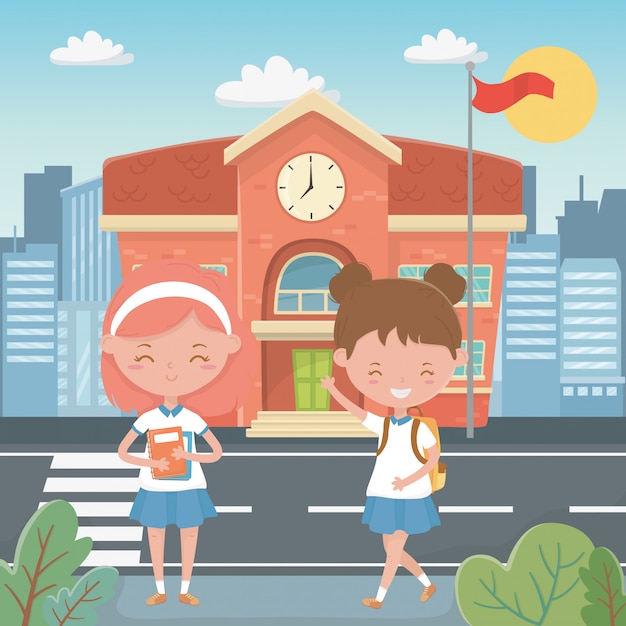 Free vector school building and kids