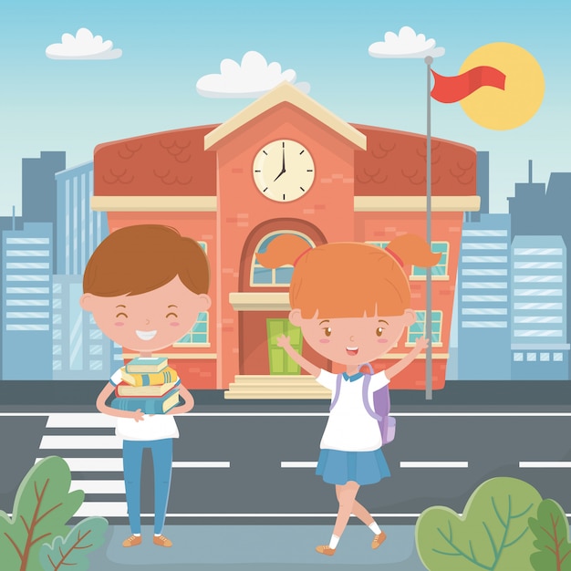 Free vector school building and kids