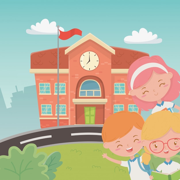 Free vector school building with kids in the scene