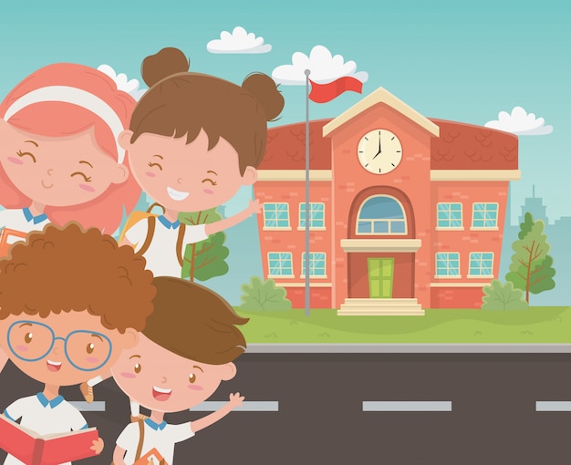 Free vector school building with kids in the scene