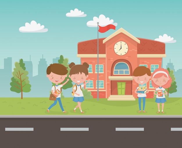 Free vector school building with kids in the scene