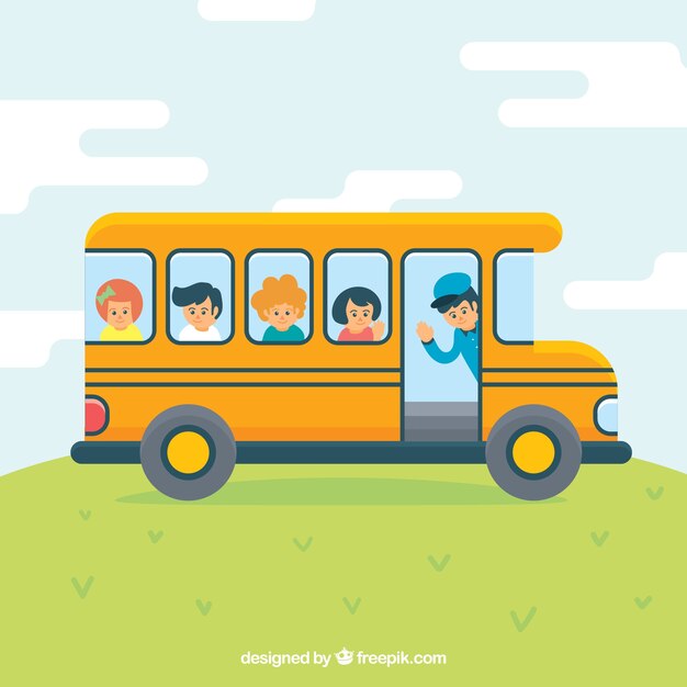 School bus and children with flat design