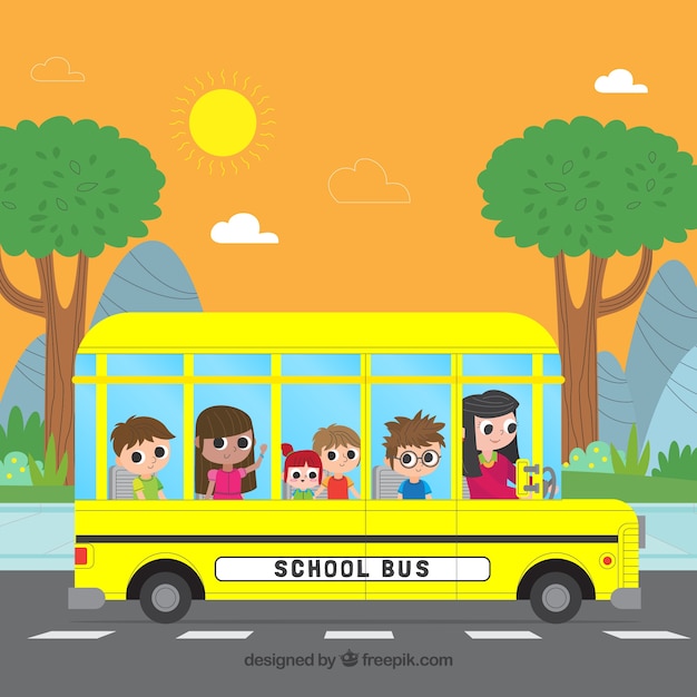 Free Vector school bus and children with flat design