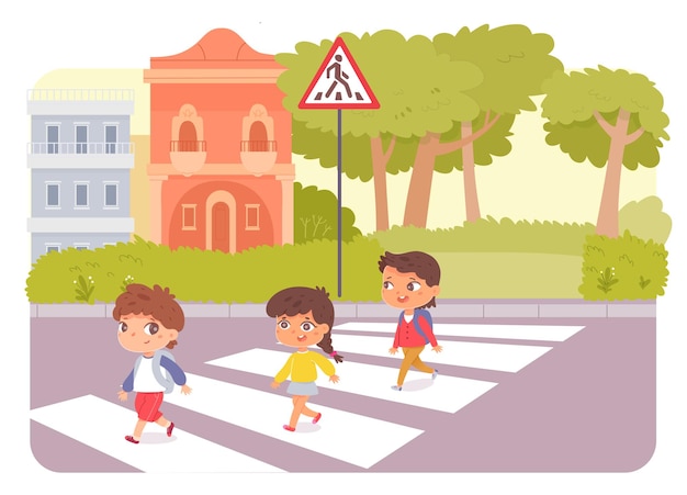 Free vector school children pedestrians crossing city street on zebra safety walk on crossroad cute girl and boy characters walking safe across road cityscape background
