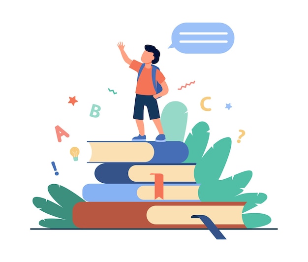 Free vector schoolboy standing on books, raising hand and speaking. pupil reading home task report flat vector illustration. school, education, knowledge