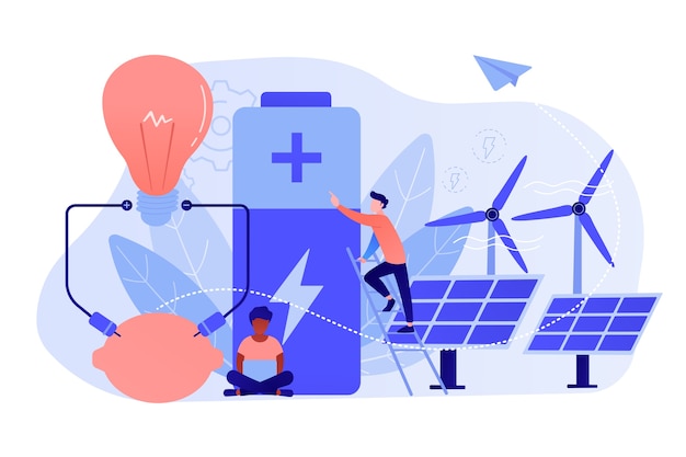 Scientists with lemon charging, solar pannels, wind turbines. Innovative battery technology, new battery creation, battery science project concept