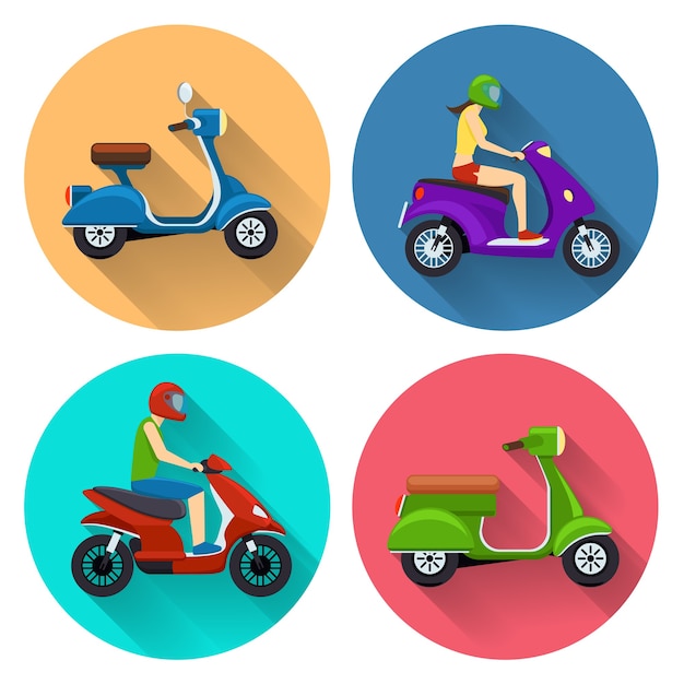 Free Vector scooter transport set. moped illustration, motorcycle side view, bike transportation, motorbike with driver