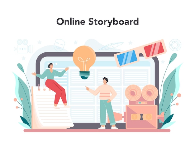 Screenwriter online service or platform Playwright create a screenplay for movie Online storyboard Isolated vector illustration