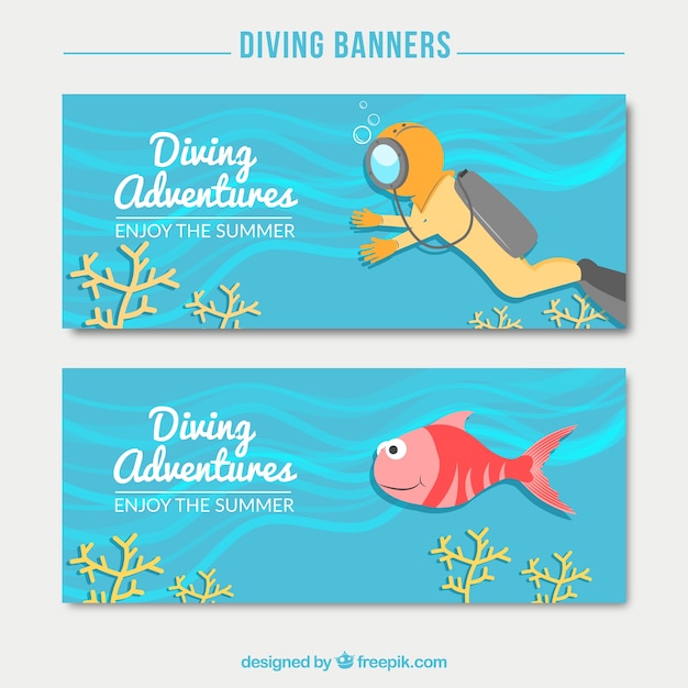 Free Vector scuba diver and fish diving banners