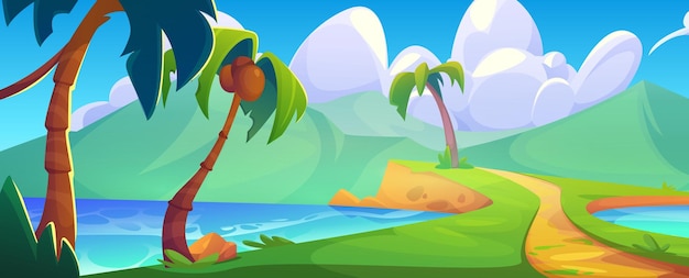 Free vector sea beach on island with tropical palm landscape