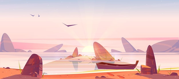 Sea beach and small island in water with rocks at sunrise vector cartoon morning landscape of ocean ...