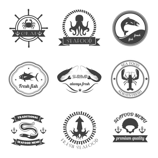 Sea food label set fresh fish premium quality restaurant stamps isolated vector illustration