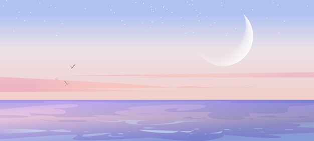 Sea landscape with moon and stars in sky in early morning Vector cartoon illustration of peaceful nature scene with seascape ocean lagoon or lake after sunset