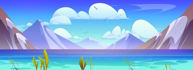 Free vector sea sky with mountain view cartoon illustration