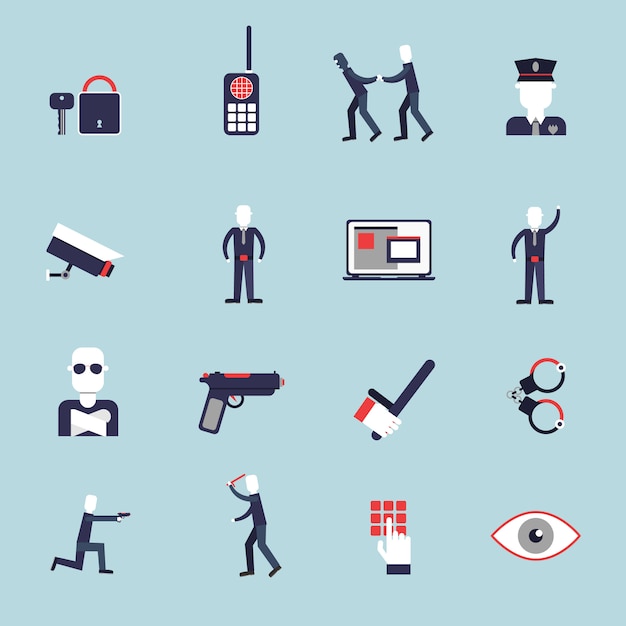 Security guard flat icons set with surveillance camera handcuffs guard isolated vector illustration