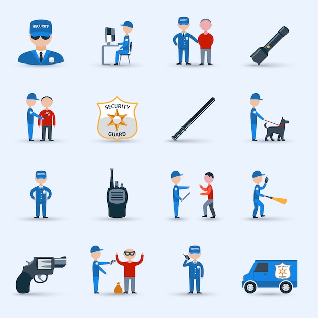 Security guard service icons set