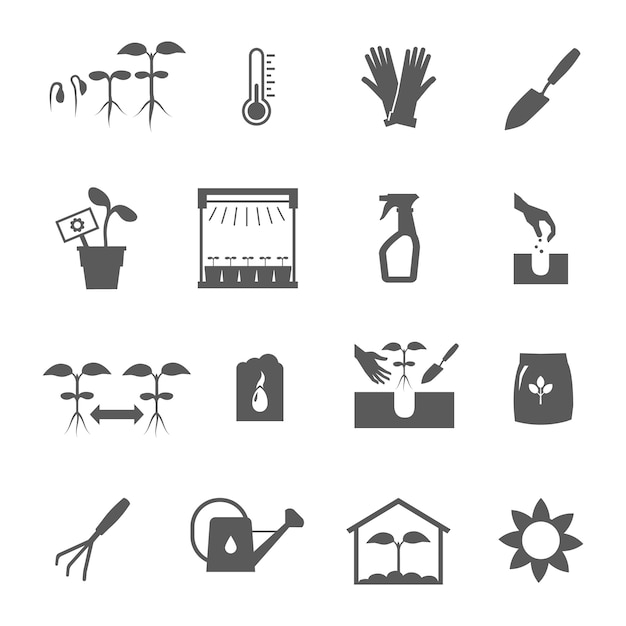 Seedling black and white icons set flat isolated vector illustration