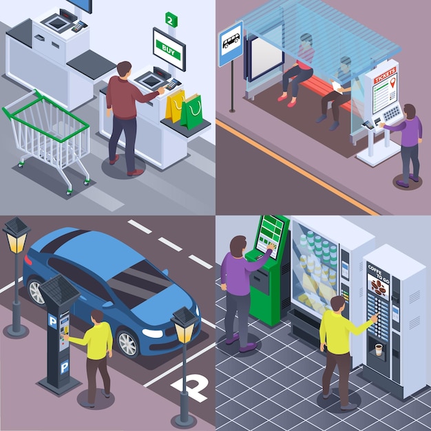 Free Vector self service isometric set of four square compositions with people ordering food buying tickets parking lot vector illustration