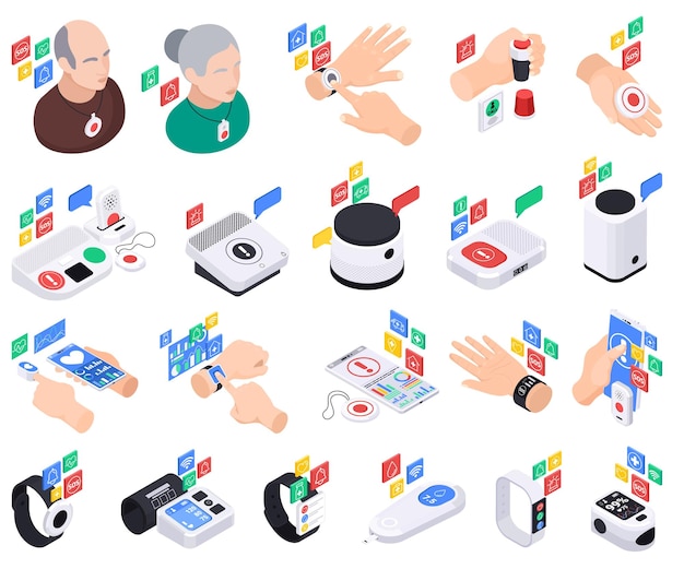 Senior medical emergency alert systems service isometric set of isolated icons with wearable gadgets and pictograms vector illustration