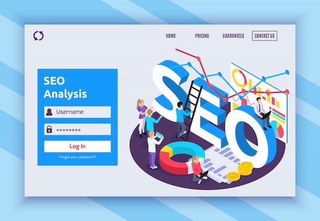 Free Vector seo isometric page design with price and guarantee symbols